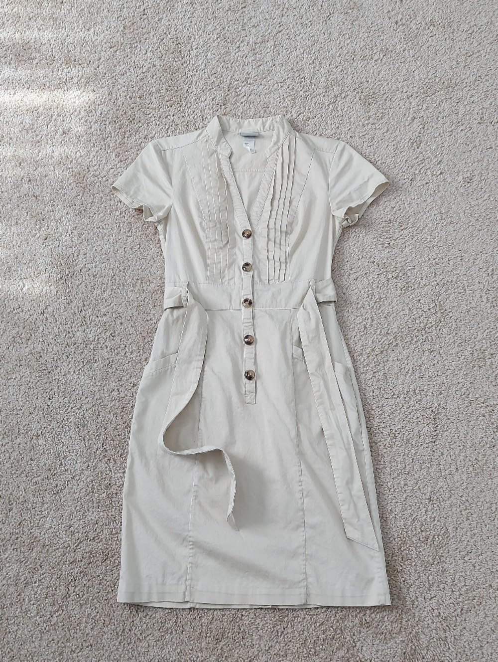 H&M Cream Button-Front Midi Cotton Dress with Tie Waist